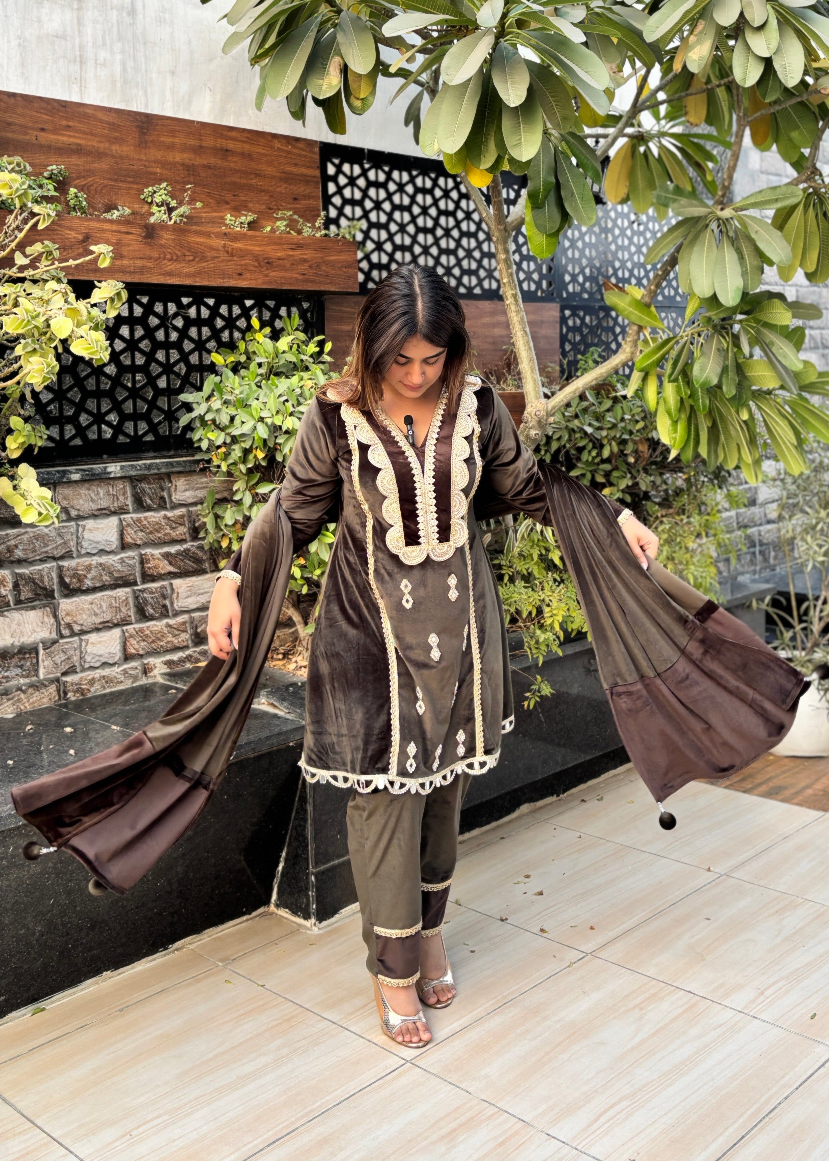 Ash Grey Velvet Peplum Suit Set